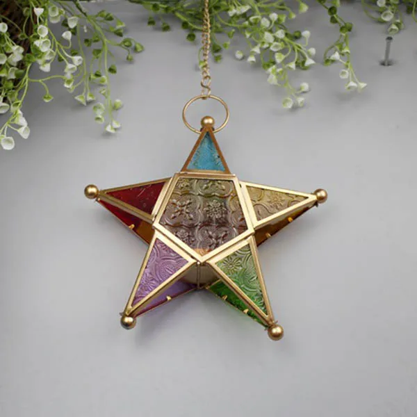 Five-pointed Star Candle Holder Moroccan Style Hanging Glass Metal Lantern TN99