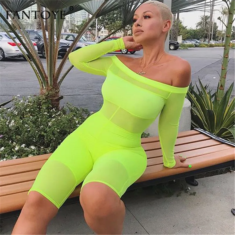 

Fantoye 2019 Off-Shoulder Women Rompers Summer See-Through Mesh Two Piece Set Jumpsuit Femme Casual Sport Suit Bodycon Playsuits