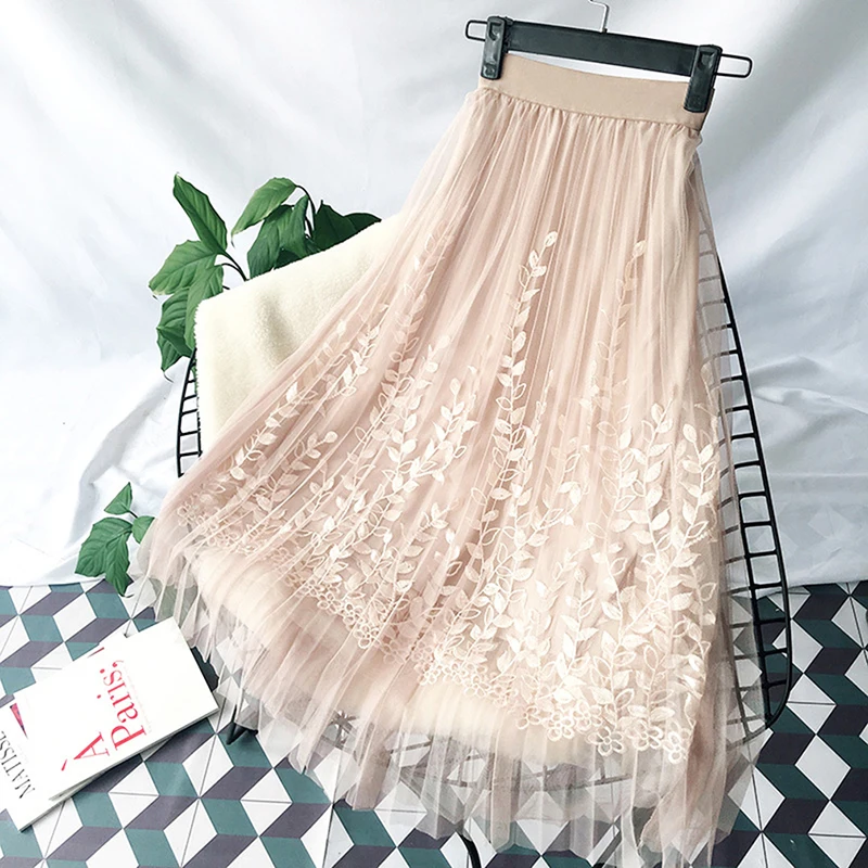 Элегантная плиссированная юбка из тюля, Женская Длинная летняя юбка-пачка трапециевидной формы с цветочной вышивкой, Женская кружевная сетчатая юбка миди