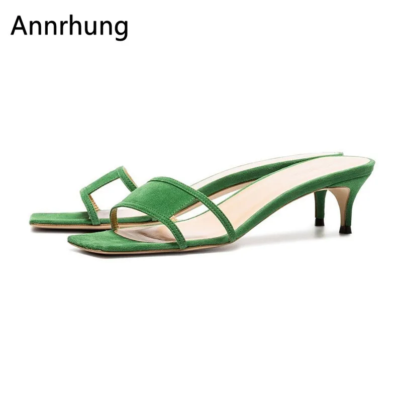 

Chic Cut Out Summer Slippers For Women Concise Open Toe Kitten Heel Summer Shoes Green Suede Outwear Slides De Mujer