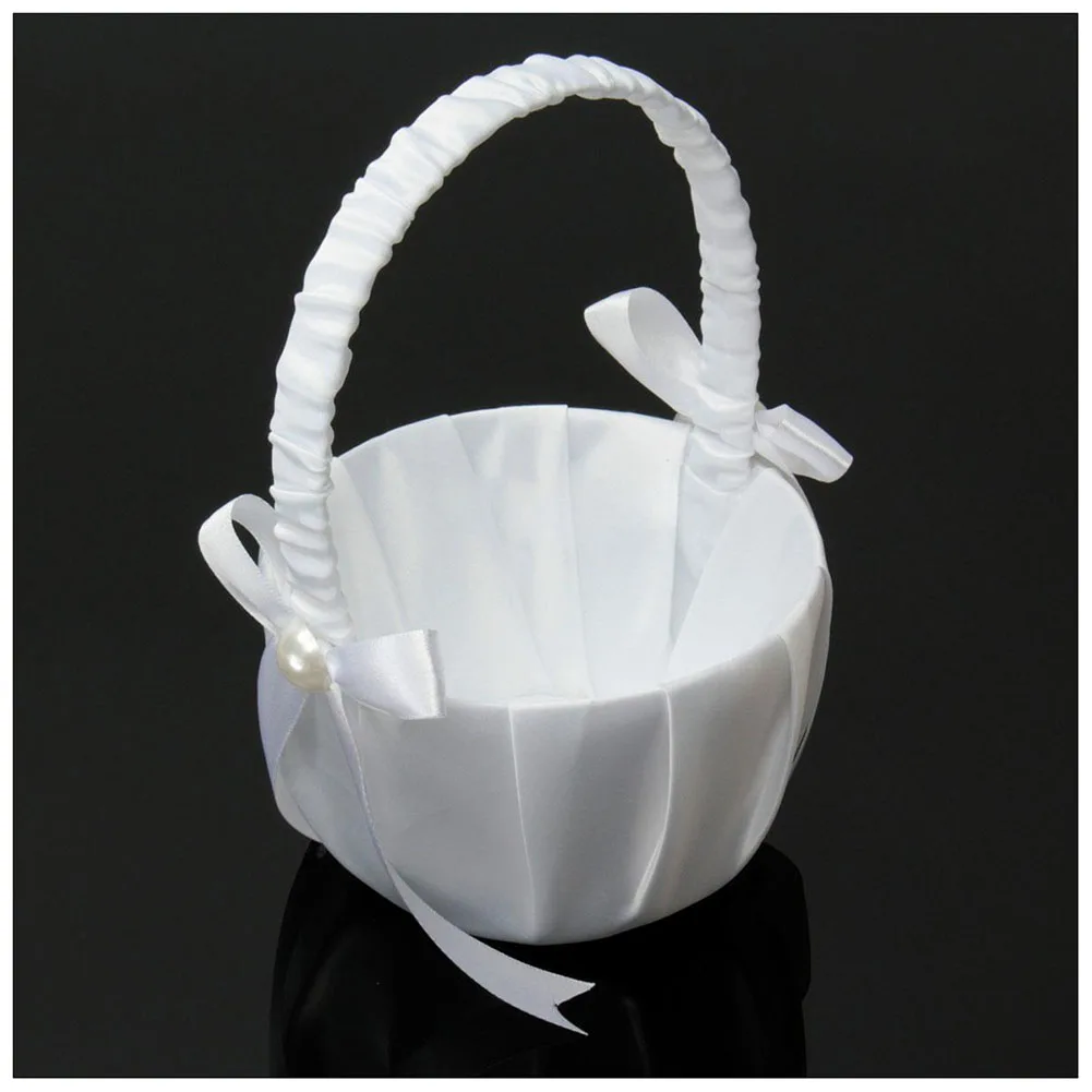 

Romantic White Satin Bowknot PEARL Flower Girl Basket Wedding Ceremony Party