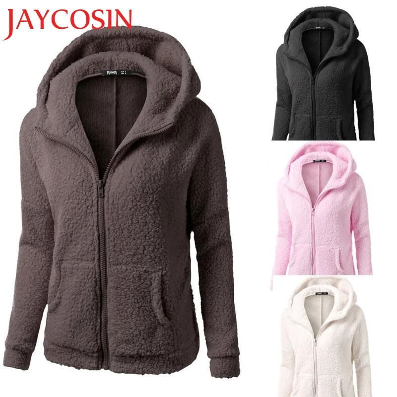 Women Hooded Sweater Coat Winter Warm Wool Zipper Coat