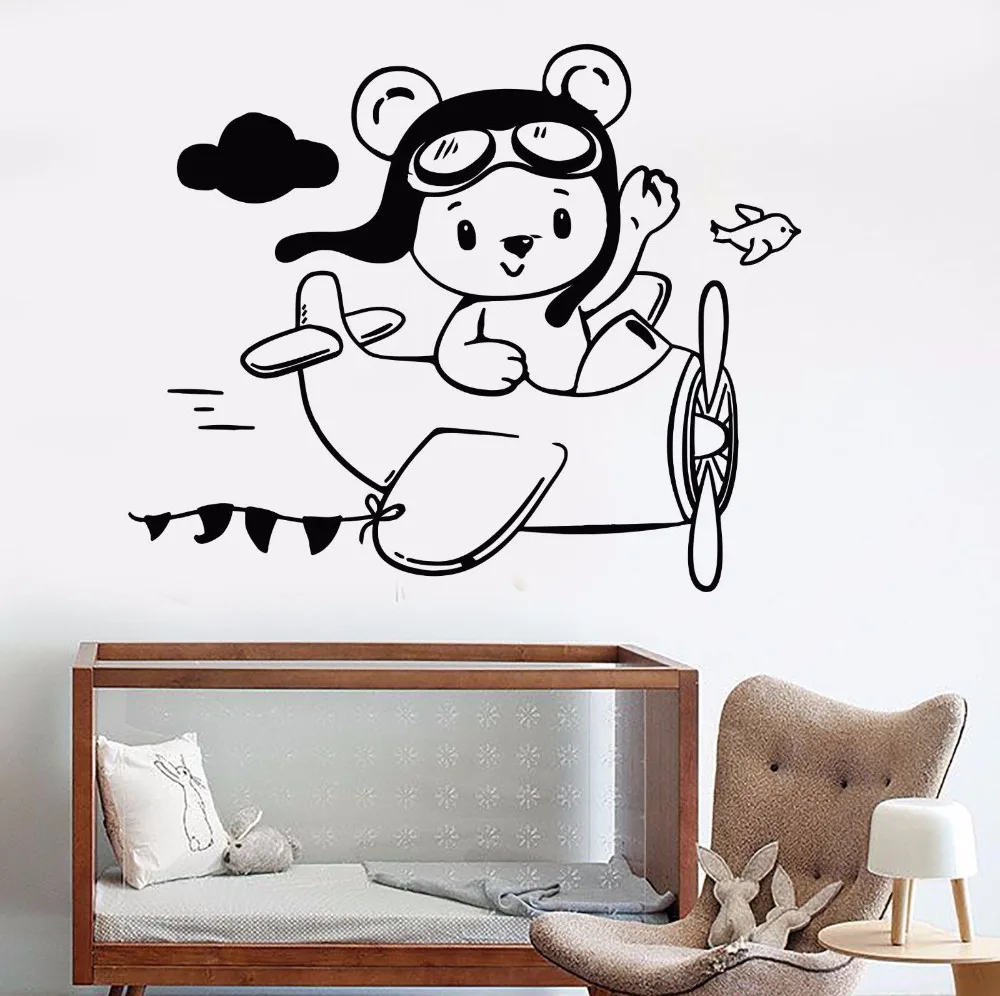

Removable Vinyl Wall Decal Little Teddy Bear Aviator Plane Wall Stickers For Children's Room Waterproof Art Stickers Mural