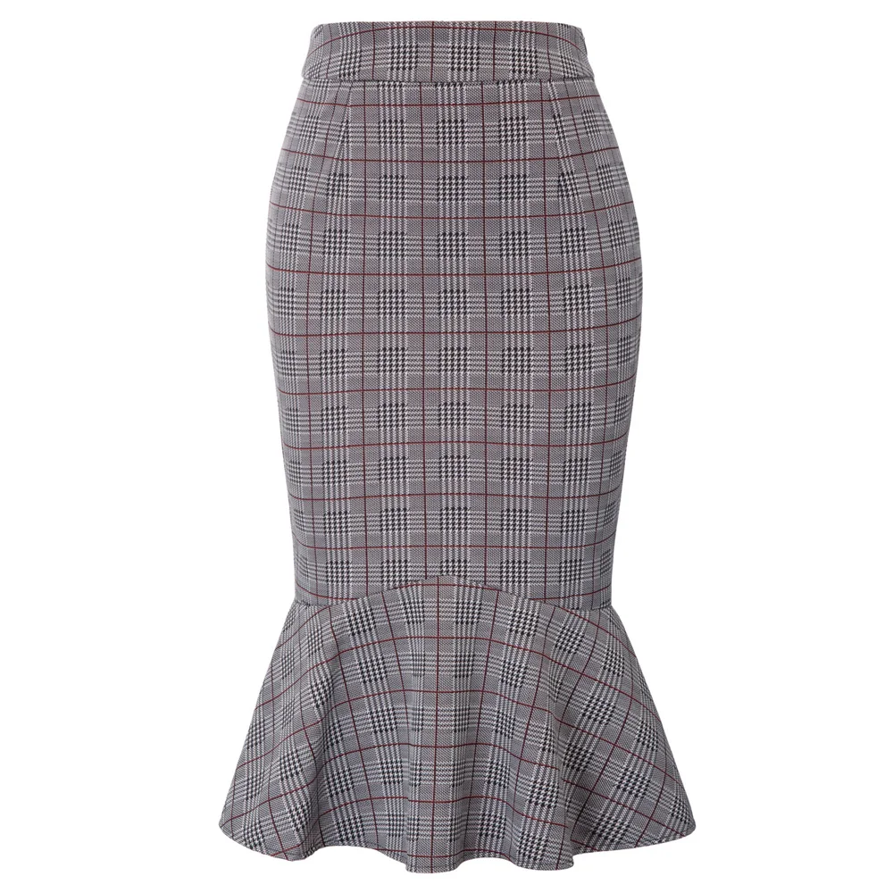

Ladies Skirt Casual Checkered Business Kate Kasin Women Pencil Mermaid Hips
