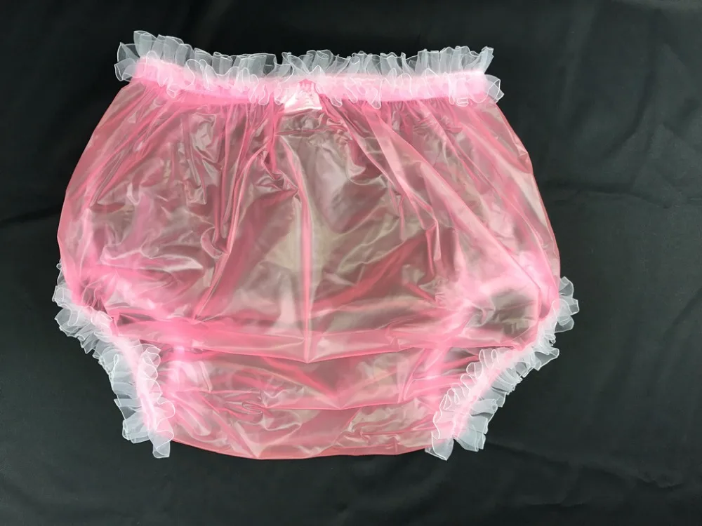 Plastic Pants Transparent Adult Incontinence Haian Color with White Lace P006A-5 Pink