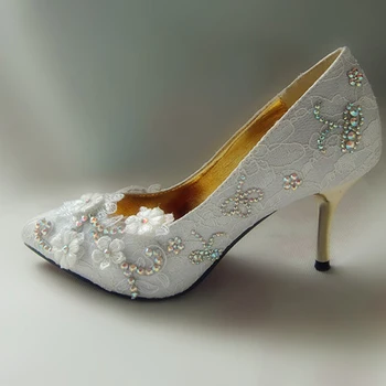 

Fashion White Lace Flower High Heel Wedding Shoes Party Prom Shoes colorful women shoes lady Crystal Amond Toe Dress Shoes