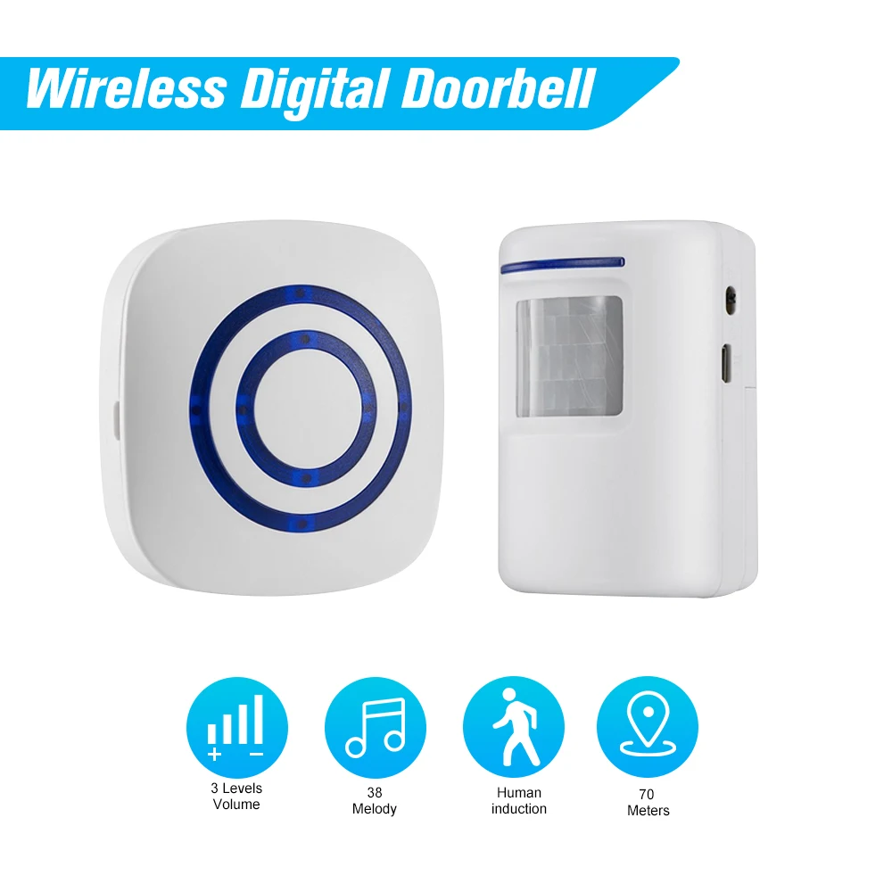 

Wireless Digital Doorbell Transmitter Receiver PIR Sensor Infrared Induction Alarm Welcome Guests Body Door Bell with 38 Songs