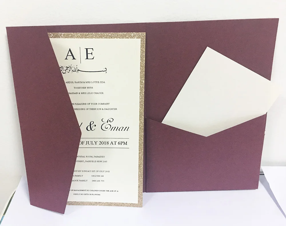 100pcs elegant burgundy pocketfolds laser cut Wedding invitations