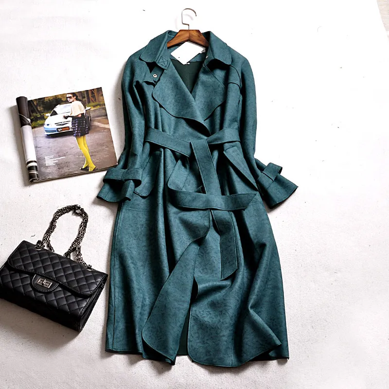

2019 Autumn Women Suede Trench Coat Fashion With Belt Full Sleeves Casual Long Windbreaker Female Elegant Loose Outerwear R752