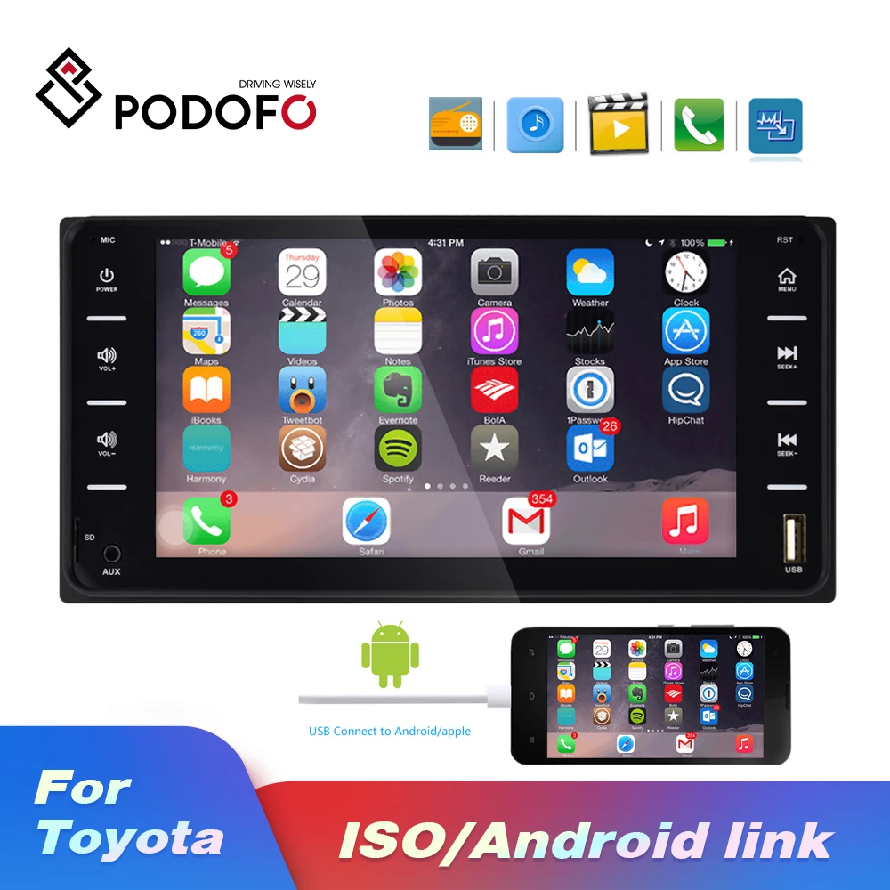 

Podofo 2 Din Car Radio Car Multimedia player 7'' Autoradio Android Mirror link For Toyota Corolla Bluetooth Audio Radio Stereo