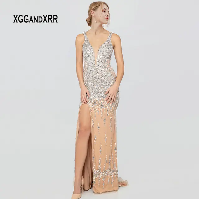 Sexy Mermaid High Neck Low Back High Slit Crystal Beaded Black Cut Out Prom Evening Dress