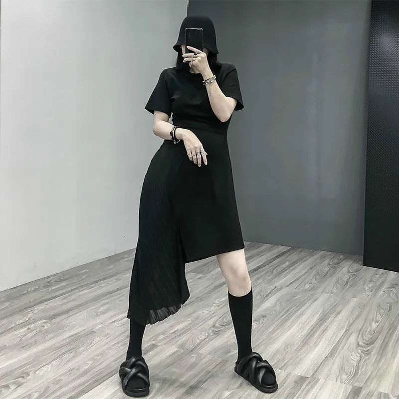 

[EWQ] 2019 Summer New Patten Streetwear Style Asymmetrical Solid Short Sleeve Mid-length Round Collar Fashion Trend Dress AF443