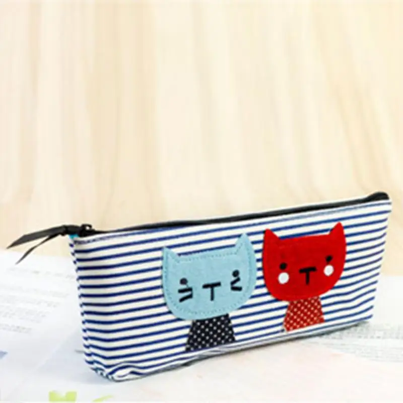 

2018 Women Cosmetic Bags Cute Cat Small Striped Bag Casual Canvas Makeup Bag Small Change Brush Toiletries Organizer for Girls