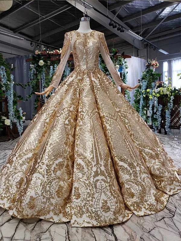 HTL527 роскошное вечернее платье длиной до пола с круглым вырезом и длинным рукавом блестящее Золотое вечернее платье для мусульманского abito lungo cerimonia donna - Цвет: as picture