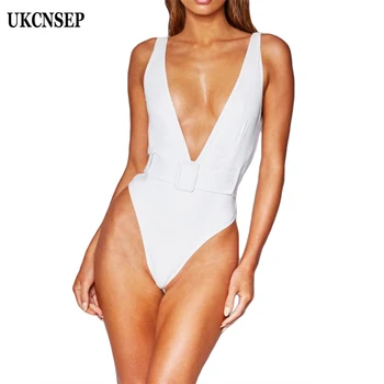 

UKCNSEP Bodycon Bandage Bodysuit Women Sexy Deep V Neck Backless Mesh Straps Jumpsuit High-Cut BodySuits With Belt