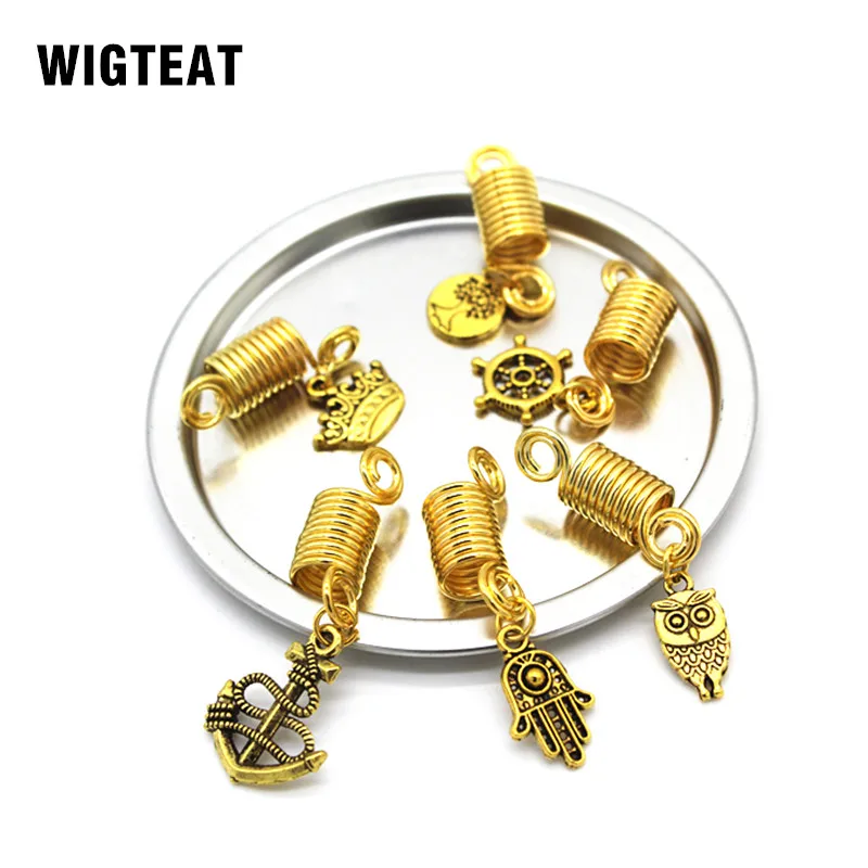 

5Pcs/pack Gold spiral wire hair braid dreadlock 7mm hole beads jewelry Accessory metal charms different 6 styles