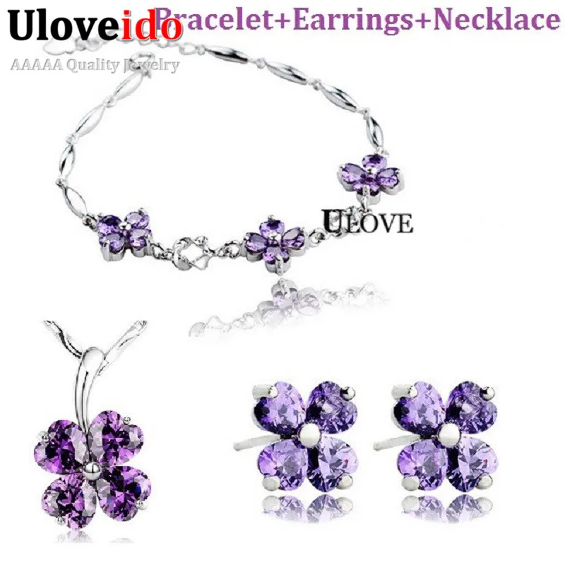 

Uloveido Purple Crystal Wedding Jewelry Sets Bridal Accessories Jewelry Set Amethyst Silver Necklace Earrings Bracelet JS1698