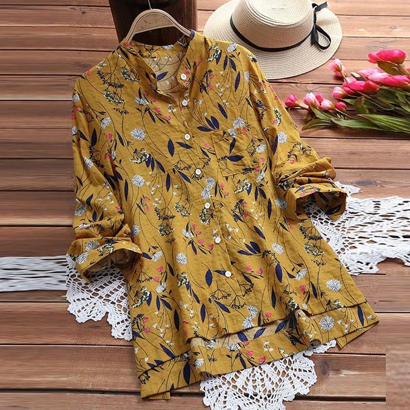 Floral Printed Blouse Tops Lady Large Size Long Sleeve Shirt Women 2018 Autumn V-Neck Medium Length Shirts Femme Literary Blusas
