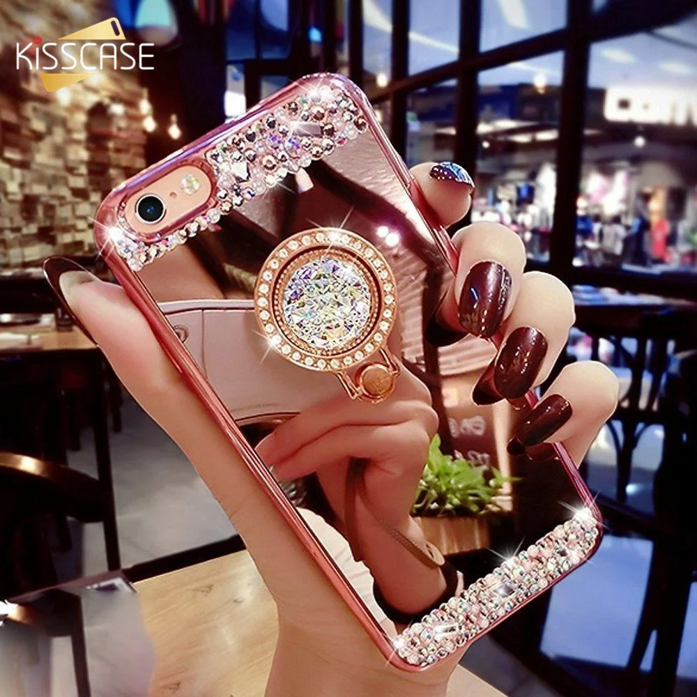 KISSCASE Алмазное покрытие зеркальный чехол для iPhone X 6 6S 7 Plus роскошное кольцо на