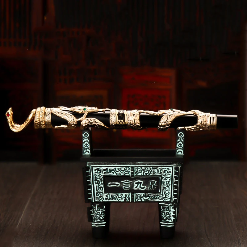 Snake-with Holder Jinhao двойной дракон/змеиная винтажная Роскошная авторучка/ручка держатель полностью Металлическая резьба тиснение Тяжелая Подарочная Ручка Коллекция - Цвет: Snake-with Holder