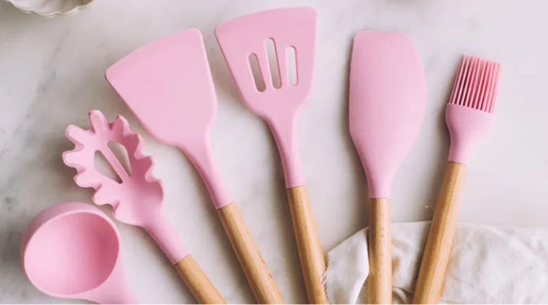 9 Piece Pink Colored Silicone Kitchen Utensils Set with Wooden Handles.  Elyon Tableware - Your Shop for Everything Tableware