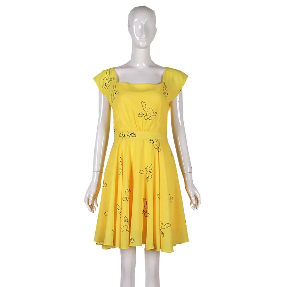 

2018 New La La Land Dress Mia Emma cosplay costume Stone Summer Yellow Floral Skater Dress Vestidos for adults