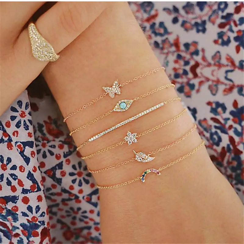 

3 Pcs/Set Vintage Rainbow Butterfly Flower Multilayer Bracelet Set Adjustable Open Bangle for Women Party Cuff Jewelry