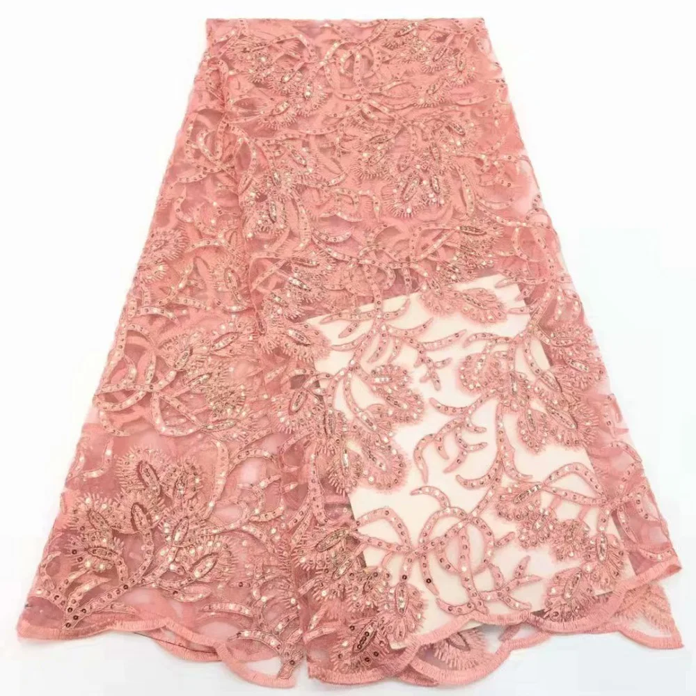 

High Quality African Lace Fabrics Peach Color Nice French Net Embroidery Sequins Tulle Lace Fabric For Nigerian Party Dress
