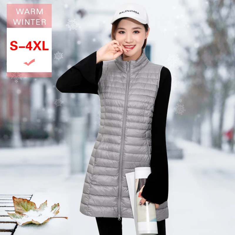 

Autumn Winter Long White Duck Down Vest Female Ultra Light Stand Collar Slim Thin Zipper Feather Sleeveless Coat Casual Waiscoat