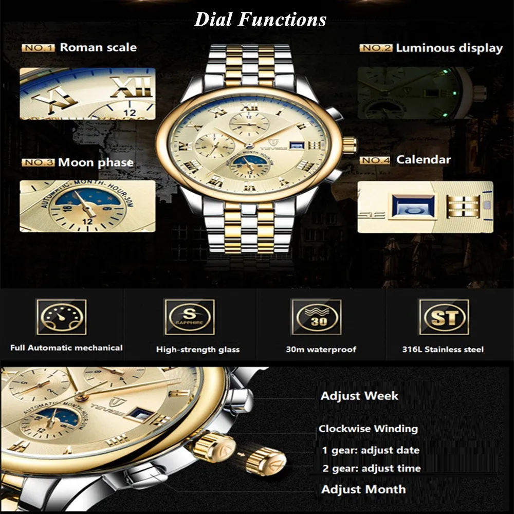 2018 التلقائي الميكانيكية ووتش الرجال الفاخرة العلامة التجارية TEVISE الفولاذ المقاوم للصدأ الذهب ووتش رجالي للماء الساعات Relogio Masculino