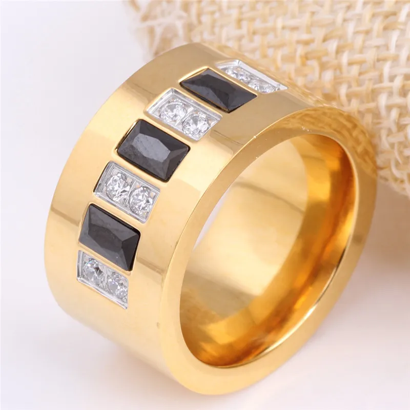 Modyle New Fashion Gold Color Stainless Steel White/Black CZ Zircon Wedding Ring for Women