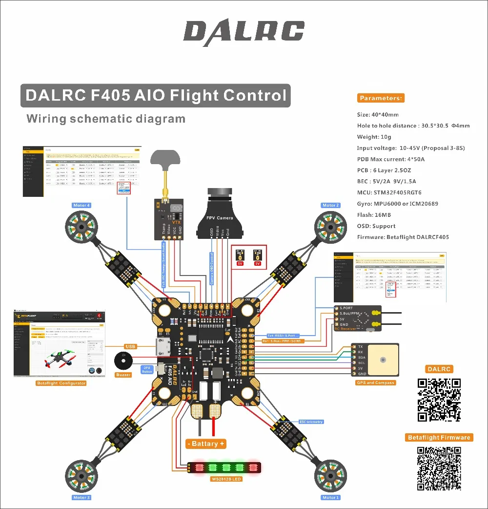 DALRC F405 AIO полет Управление высокое качество MCU STM32 F405RGT6 MPU6000 гироскопа F4 AIO полет Управление Встроенный OSD BEC 9В/3A PDB FC