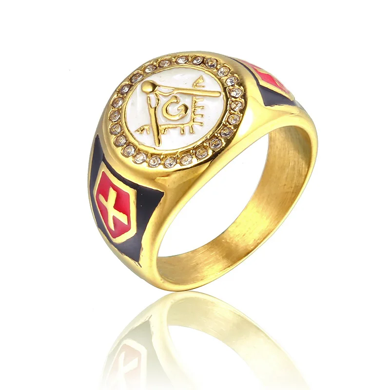 

size 7 to 15 stainless steel gold master masonic ring,free mason signet rings for men gold freemason ring with white red enamel