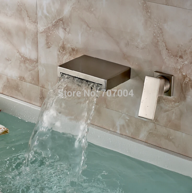 Wall Mounted Waterfall Spout Single Handle Bathroom Sink Faucet Brushed Nickel Two Holes Basin Mixer Taps