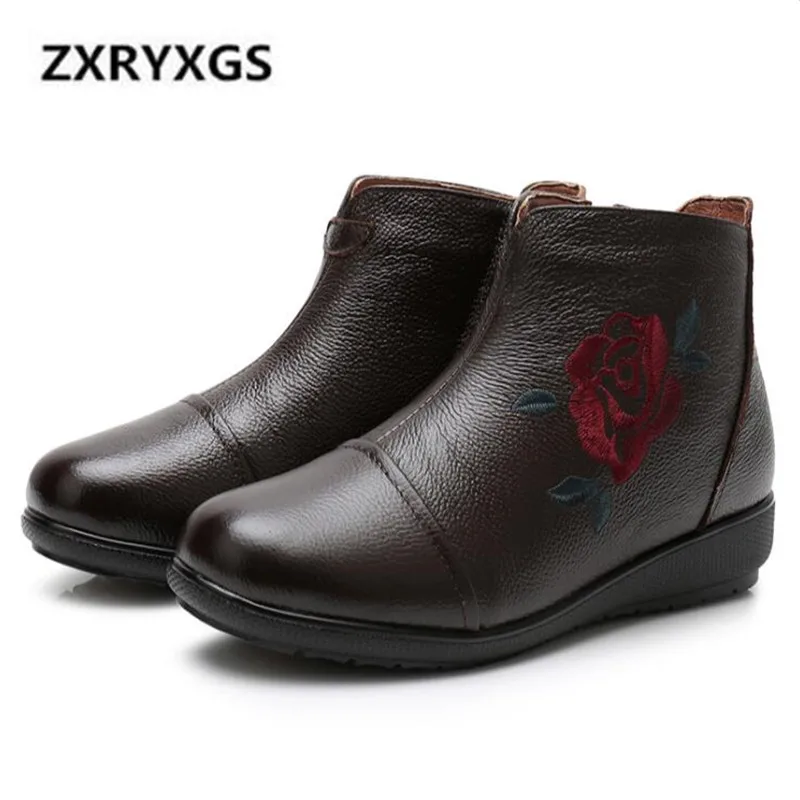 

2018 New Winter Boots Women Shoes Retro Embroidered Cow Leather Boots Comfort Warm Plus Velvet Snow Boots Non-slip Women Boots