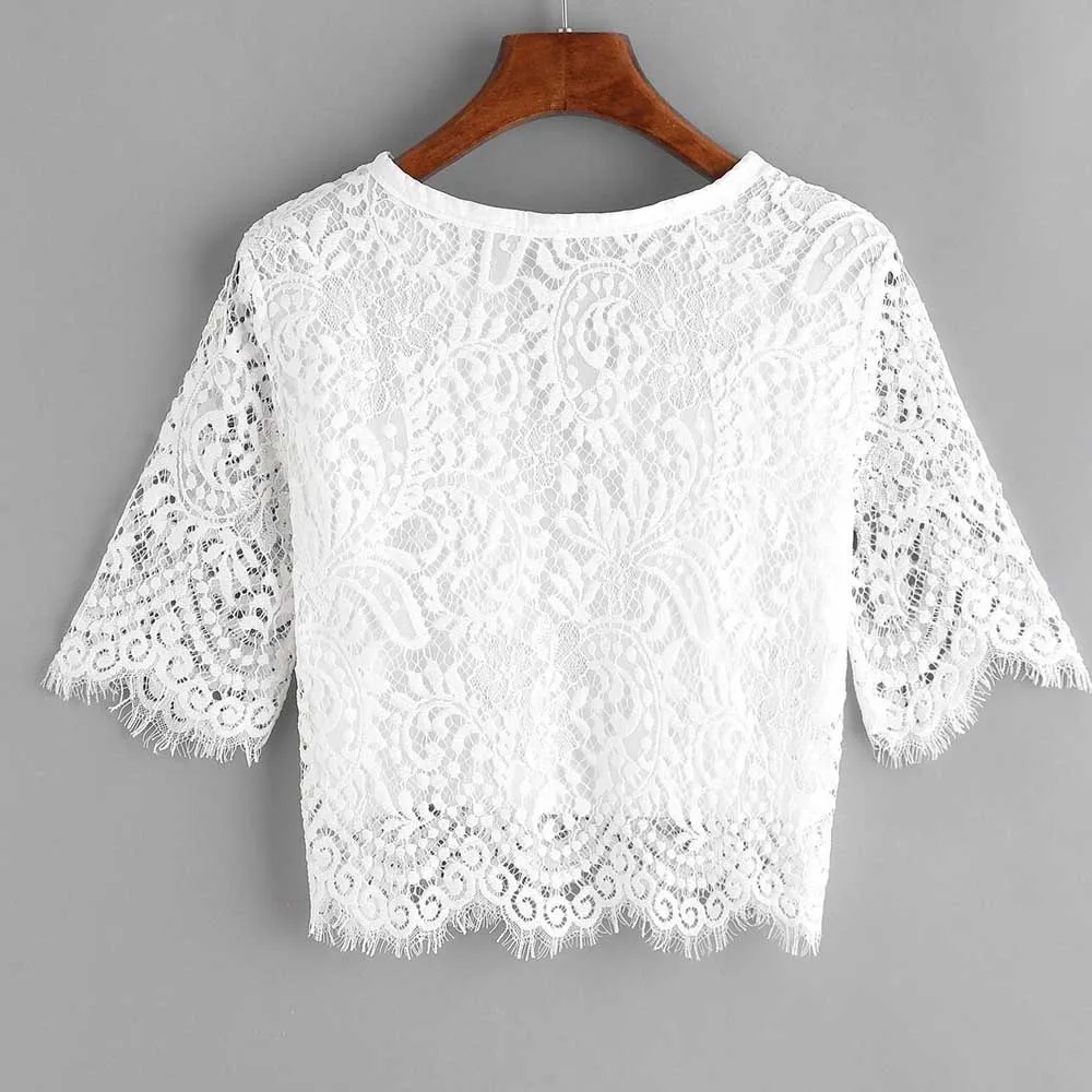 

Women Summer Short SleeveEyelet Lace Up Hollow Short paragraph High waist Tops roupas femininas#10