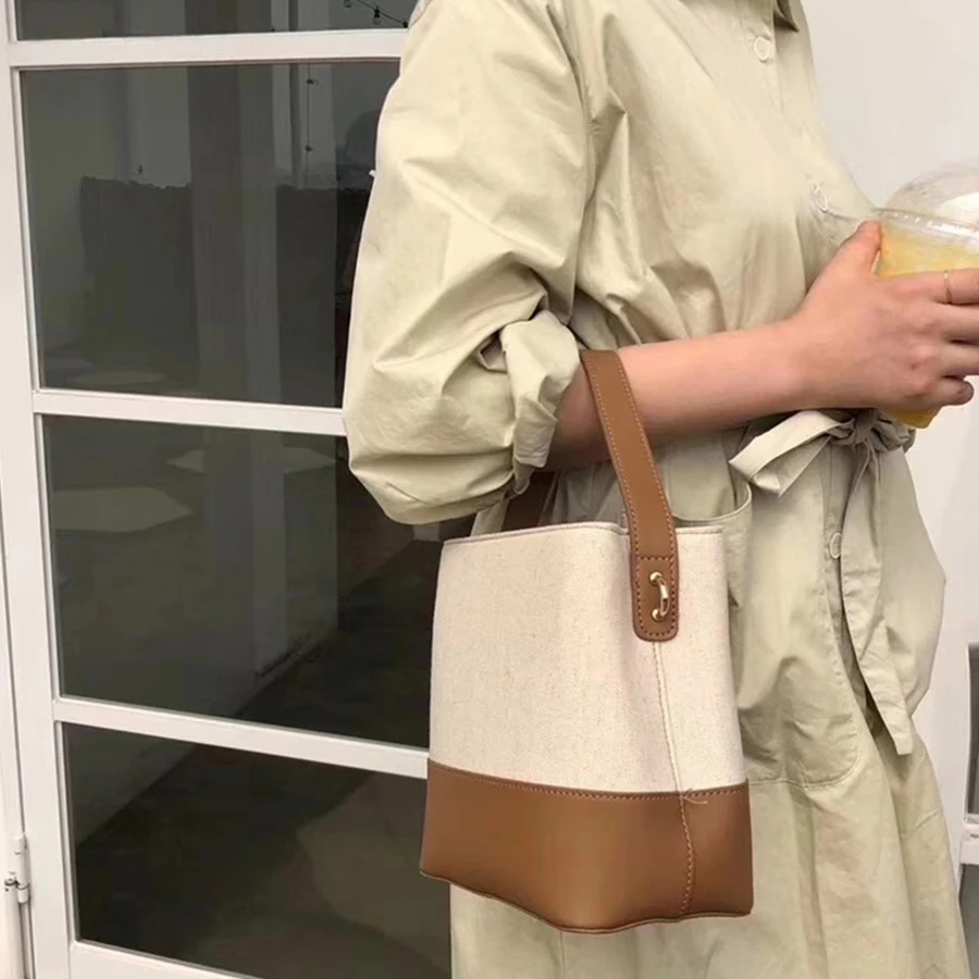 

Casual canvas women's handbags Fashion stitching contrast shoulder bags for women Design brand bucket bag ladies crossbody bags