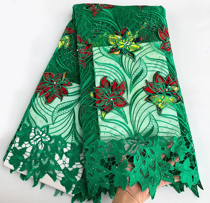 5 ярдов натуральный воск вышивка африканская французская кружевная ткань смешанный гипюр кружевной край нигерийская Гана торжество Буба швейное платье - Цвет: Green Red