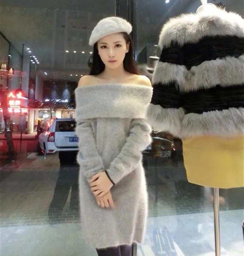 

Women Mink Cashmere Sweater turtleneck collar sweater Strapless Knitted Longer Dress Fashion Skirt Free Shipping Z609