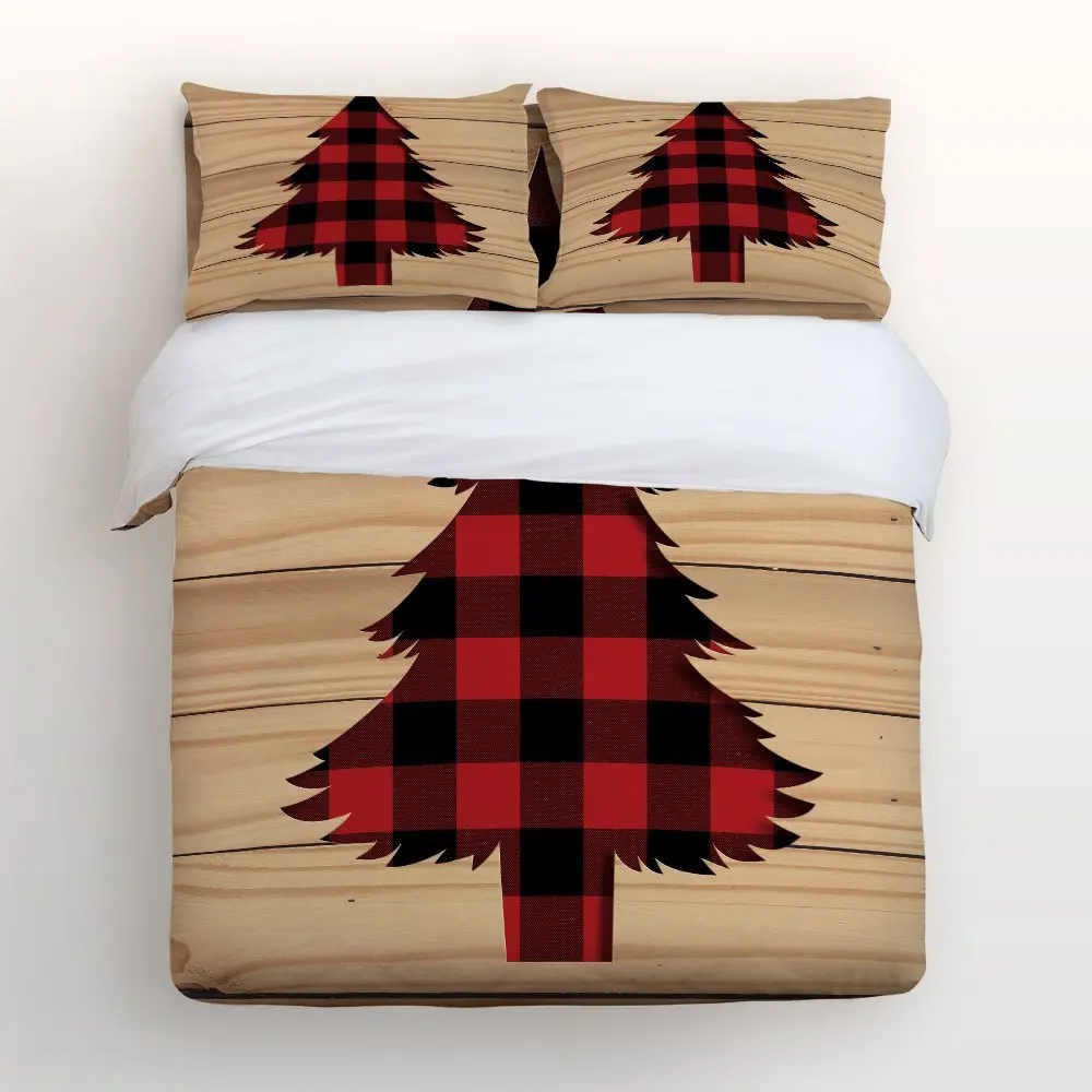 

4 Piece Bed Sheets Set, Check Plaid Christmas Tree with Rustic Old Barn Wood, 1 Flat Sheet 1 Duvet Cover and 2 Pillow Cases