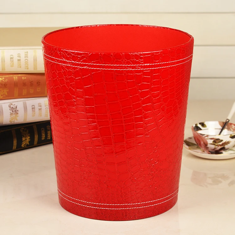 PU Leather Trash Can 12L Waste Bin Floor Stand Garbage Basket wood mdf