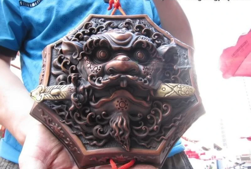 

10"Chinese Folk Refined Red Bronze Carved Evil Foo Dog Lion Head Door knocker