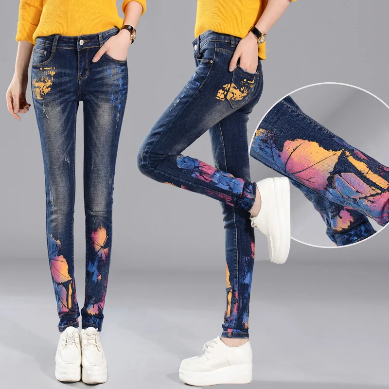 

2016  new fall fashion women  tide thin elastic pencil pants print pancil jeans
