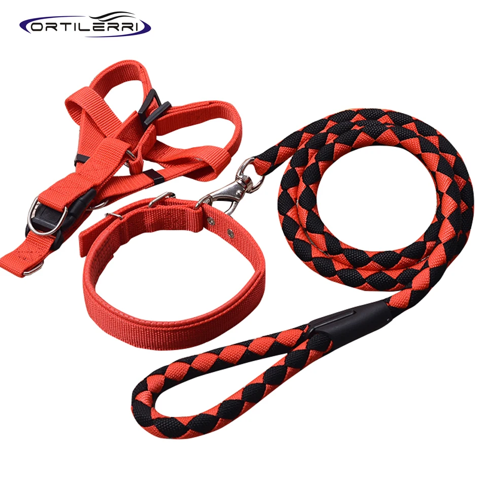 Ortilerri Polyester Nylon Weaving Multi color Dog Harness Dog Three piece Traction Rope Chest