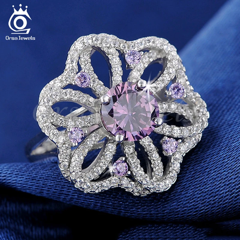 ORSA JEWELS Silver Color Women Ring With AAA Purple Zircon Paved Female Finger's Rings For Women Party Jewelry OR39
