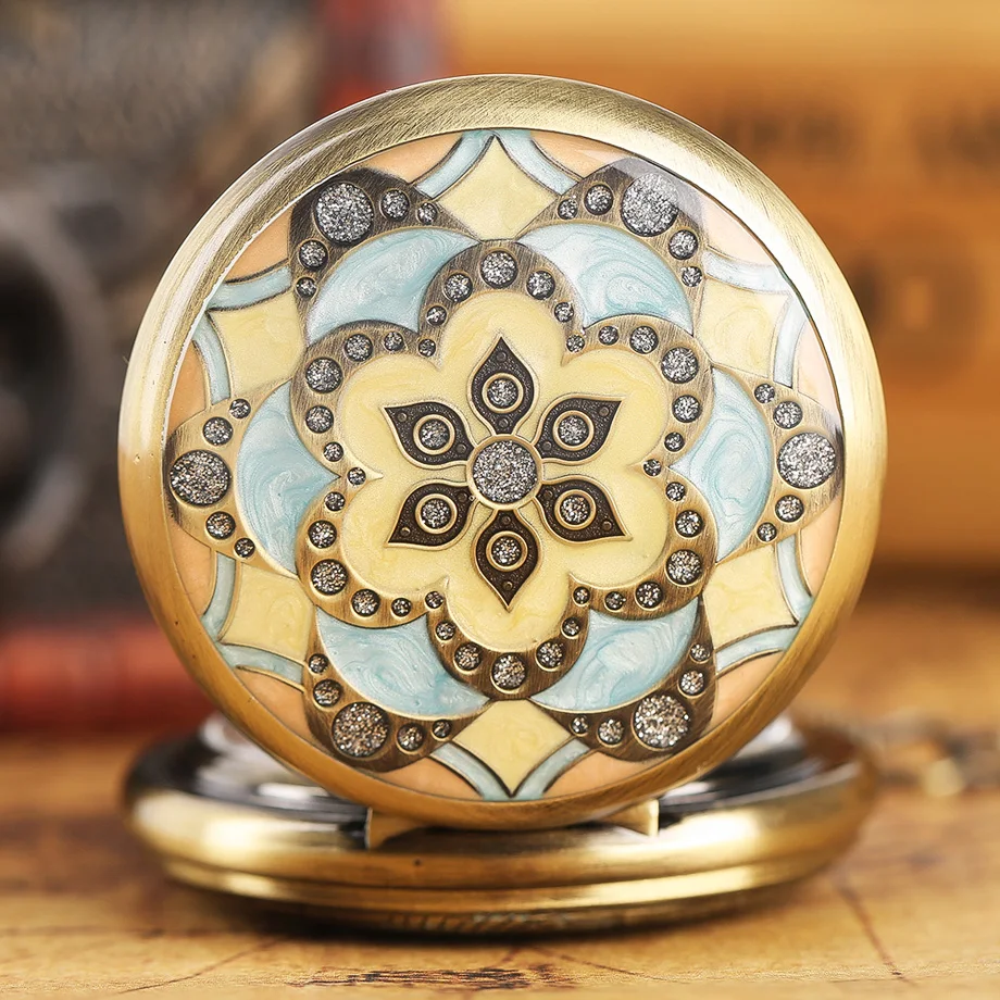 Exquisite Flowers Round Pocket Watch Steampunk Bronze Skeleton Roman Numbers Mechanical Wind Up Fob Hour Men Women Gift + Bag  (11)