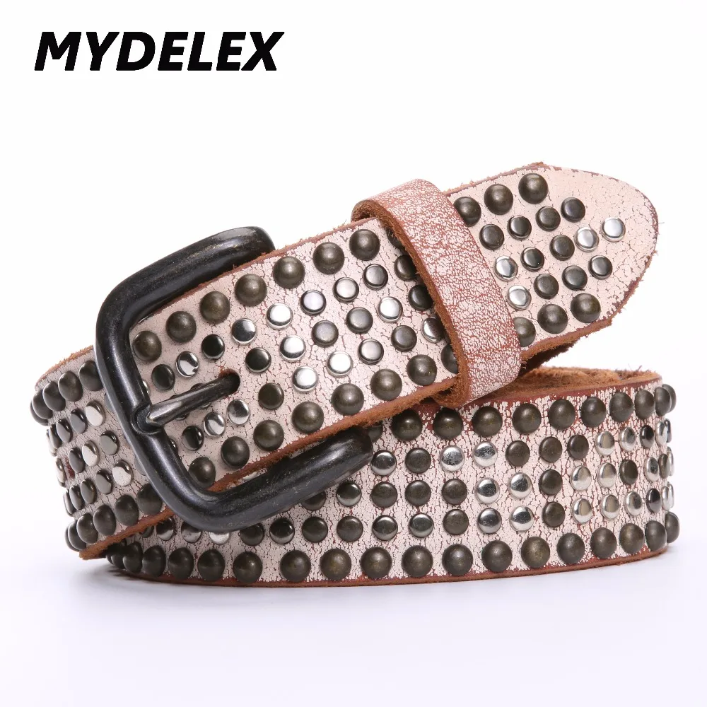 Women genuine leather with rivets belt high quality hand made washed leather belts for women