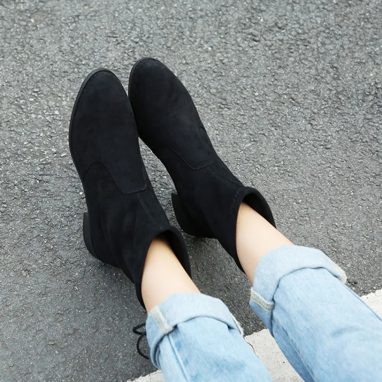 

Big Size 11 12 13 Suede round head square heel thick heel socks, short barrel back cross strap socks and boots