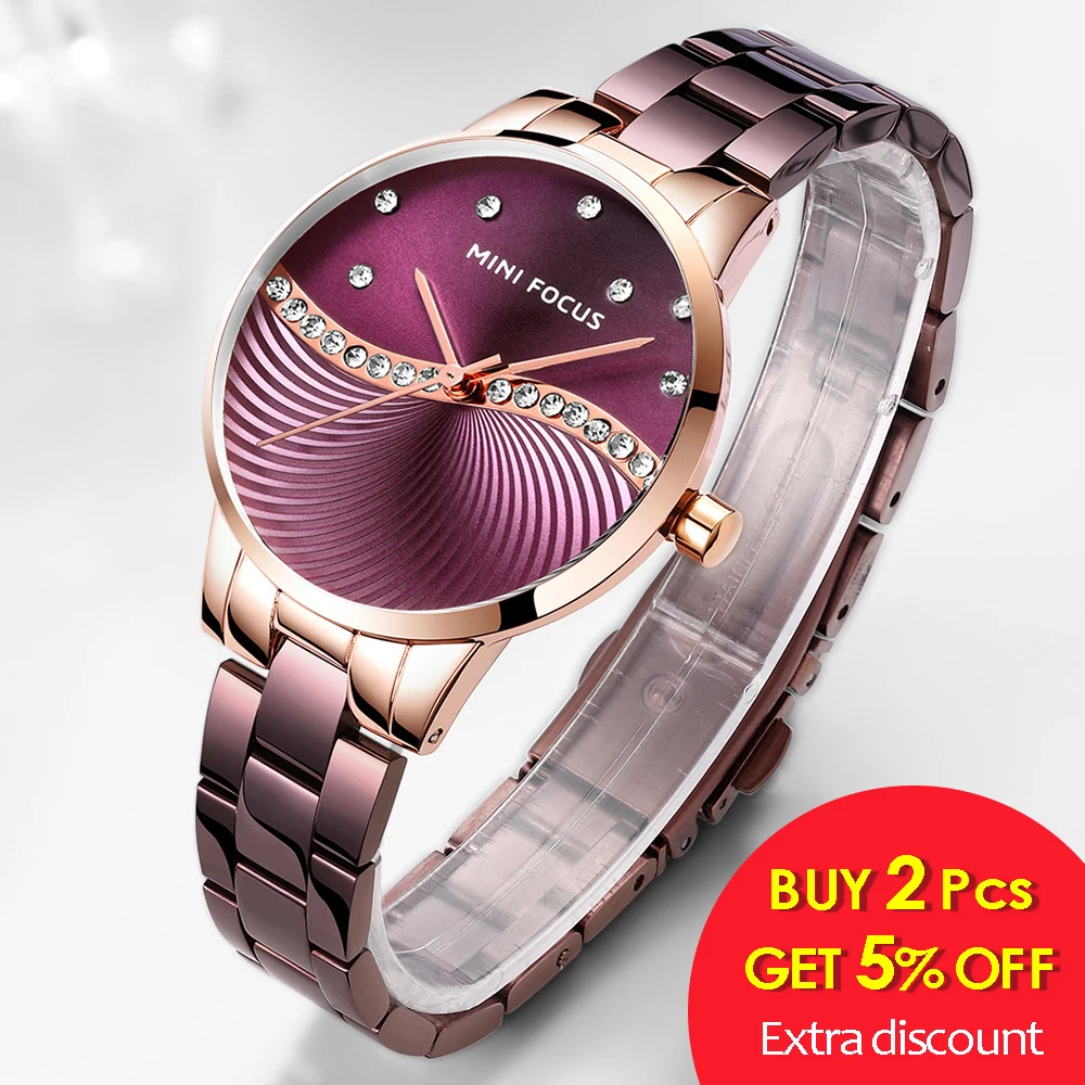 Kopen MINI FOCUS Top Brand Luxe Fashion Vrouwen Horloges Lady Paars Roestvrij Stalen Band Waterdicht Quartz Horloges Vrouwelijke + Gift doos