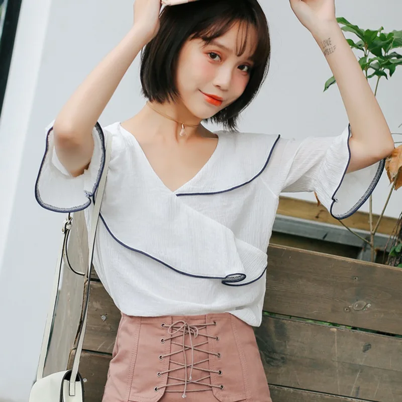 

Women Chiffon Blouses Shirt 2019 Fashion Tops Woman Blouses Ruffled Neck Summer Tops
